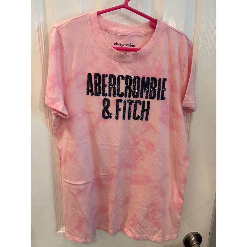 Abercrombie Kids T-Shirt Pink Tie Dye Sequin Logo Graphic Tee 13/14